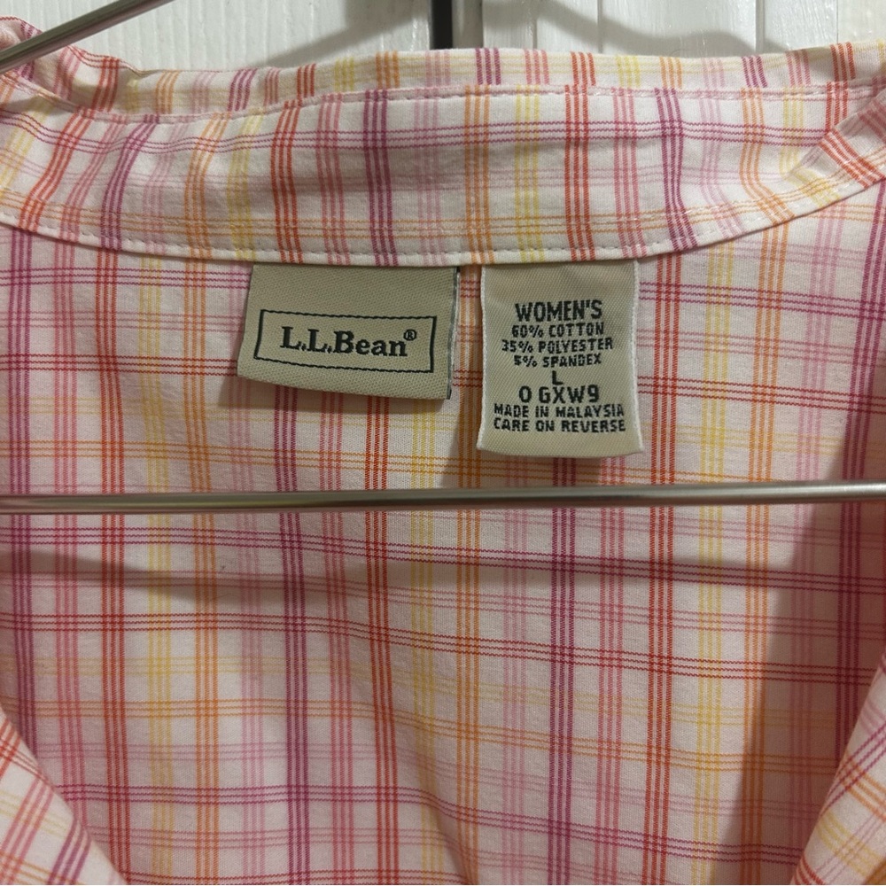L.L. Bean Women's Pink & Yellow Plaid Shirt 3/4 Sleeves Stretch Size Large - Picture 3 of 4